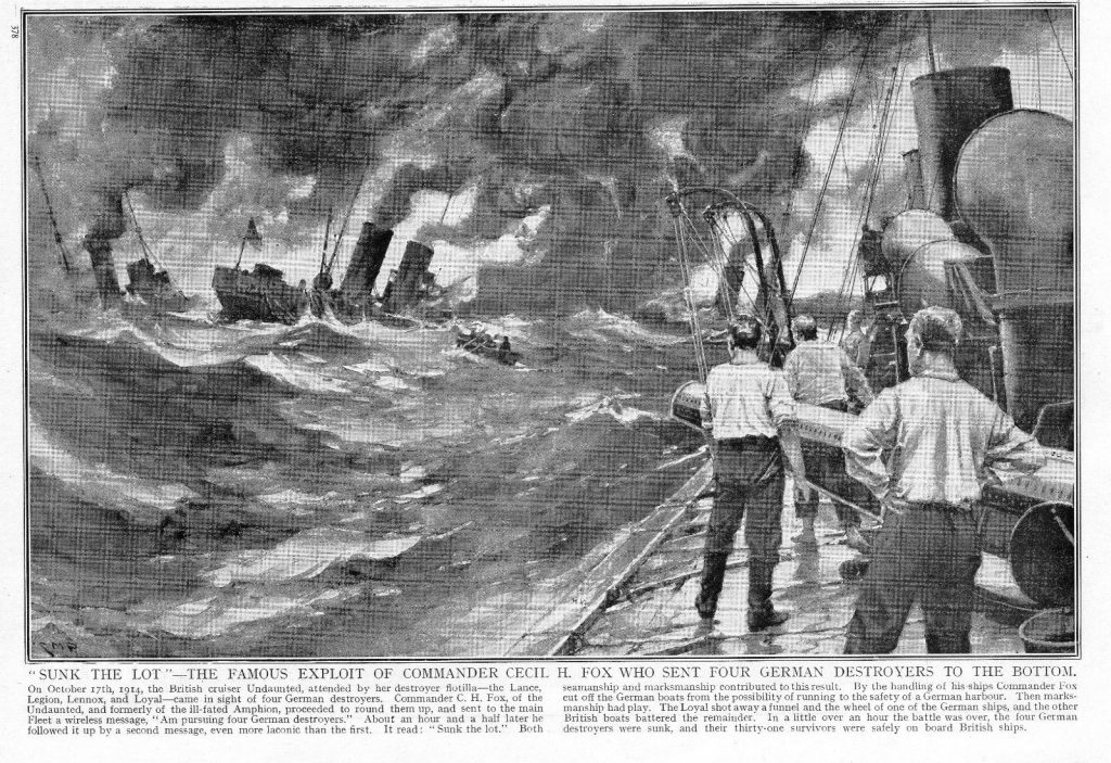 Illustration of the sinking of the German torpedo boats during the Texel action under the caption ‘Sunk the lot’, in a contemporary British magazine