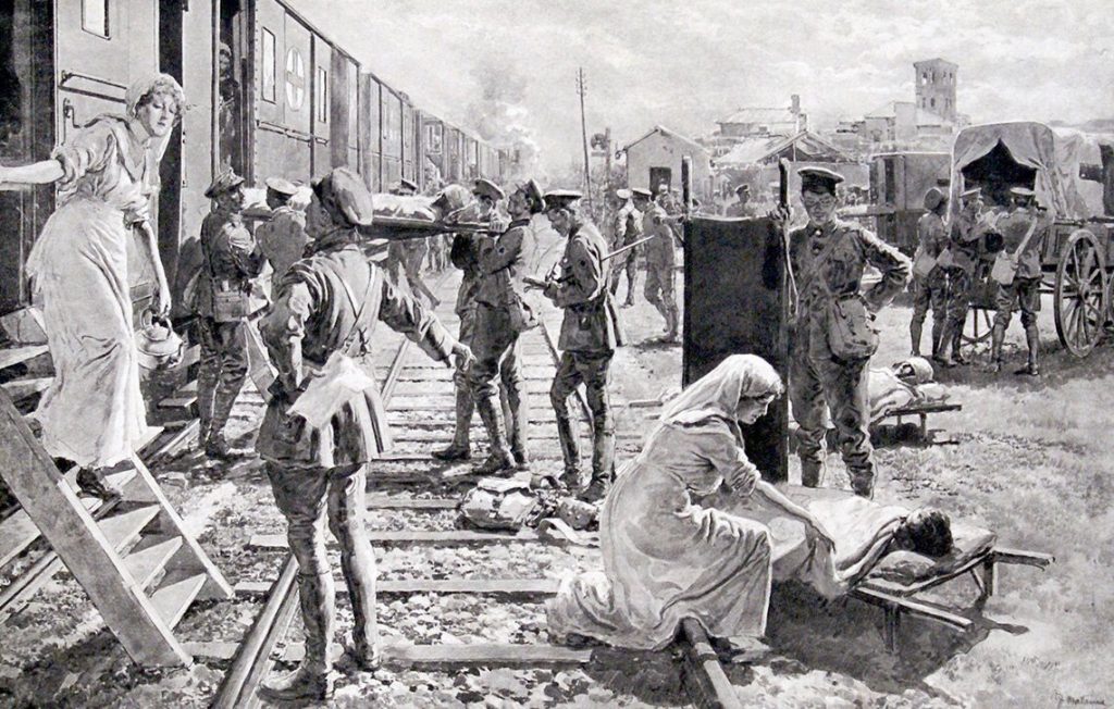 Painting of Hospital train in WW1 by Italian artist Chevalier Fortunino Matania 1881-1963