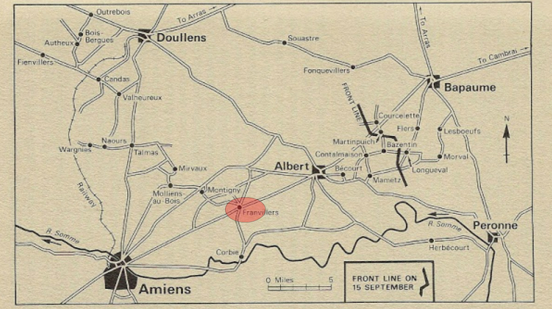 A map of another period but is shows the location of Franvillers in relation to Amiens and Albert. 31 Jul. Albert wounded in the arm.The Battalion in Divisional Reserve in trenches outside Franvillers. In the evening the Battalion proceeded to the line to relieve the 56th Australian Bn. It is likley its in this line at Franvillers that Albert is wounded.