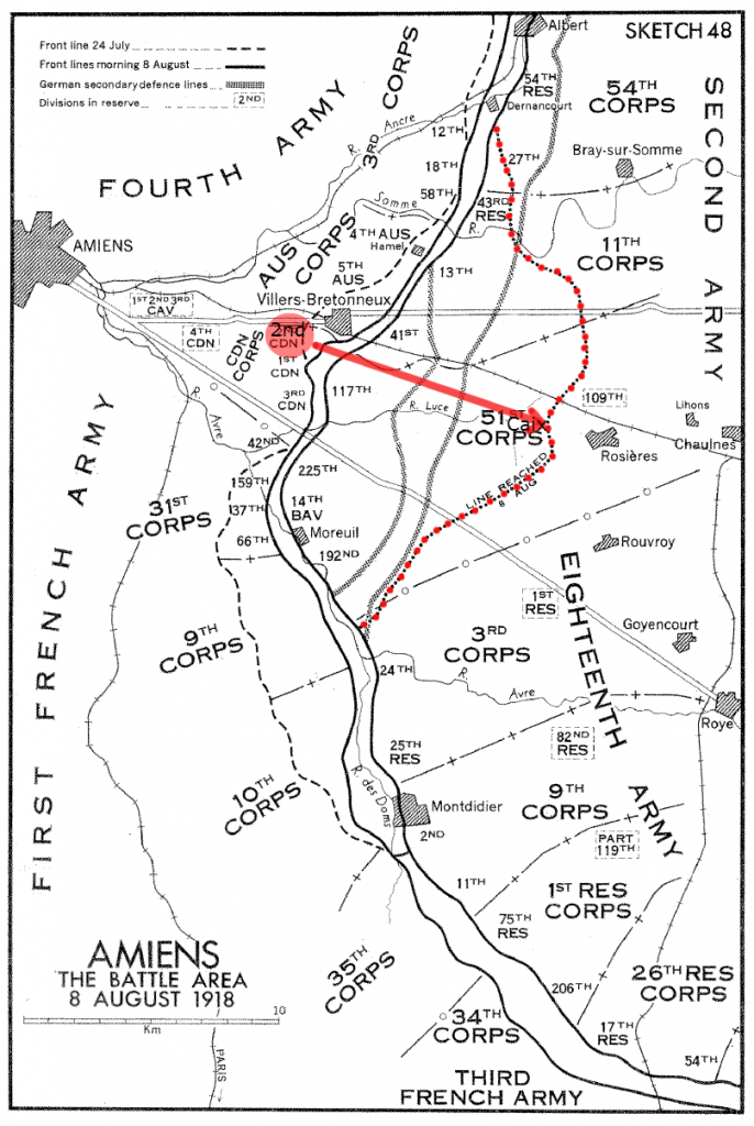 The 2nd Canadian Division started out just south of Villers Brettoneux on 8th August and ended up at Caix in front of Rosieres. Div From Official History of the Canadian Army in the First World War, By Colonel G. W. L. Nicholson, C.D.