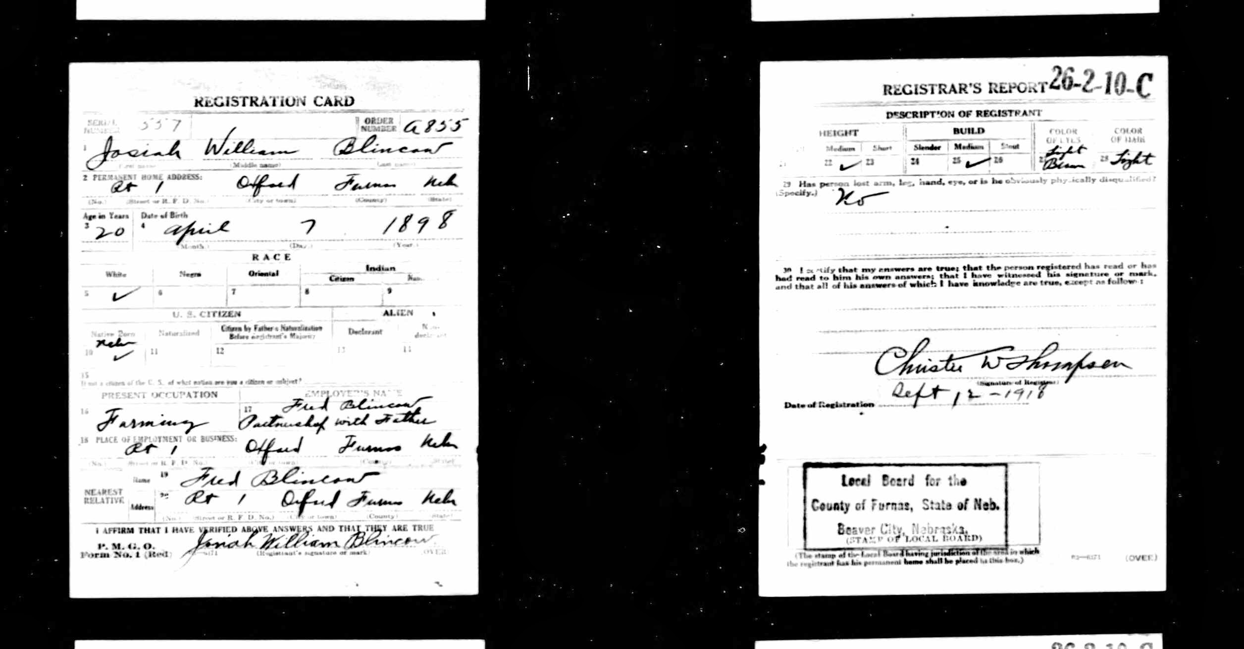 U.S.WorldWarIDraftRegistrationCards1917-1918ForJosiahWilliamBlincow